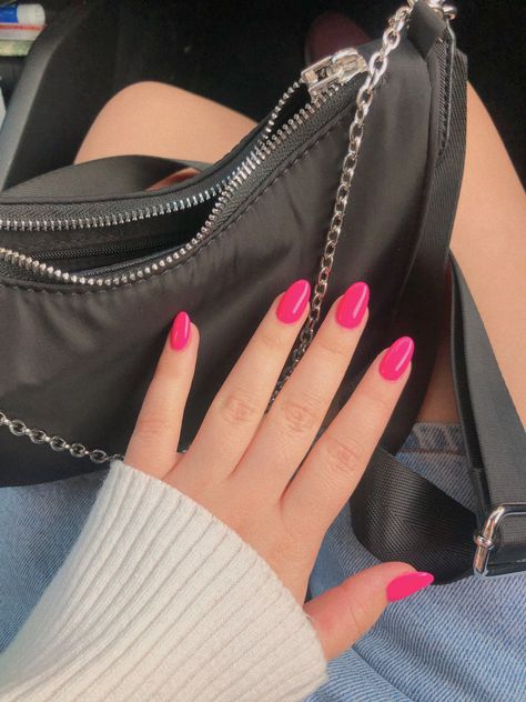 Hot pink almond shaped acrylic nails Sweethearts Nails, Hot Pink Nails Almond, Hot Pink Almond Nails, Hot Pink Nail Ideas, Gelish Colors, Pink Nails Almond, Rounded Acrylic Nails, Almond Nails Pink, Pink Tip Nails