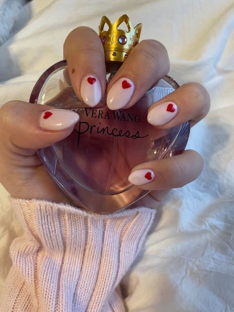 Red Nails With Hearts, Red Heart Nails, Cute Valentines Nails, Red Tip Nails, Nice Hands, Brown Acrylic Nails, Vday Nails, Themed Nails, Light Pink Background