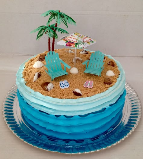 Beach Scene Birthday Cakes, Beach Cakes Ideas, Beach Theme Cakes Birthday, Beach Themed Birthday Cakes, Beach Cake Ideas, Summer Themed Cake, Birthday Ocean Theme, Beach Party Cake, Ocean Theme Cake