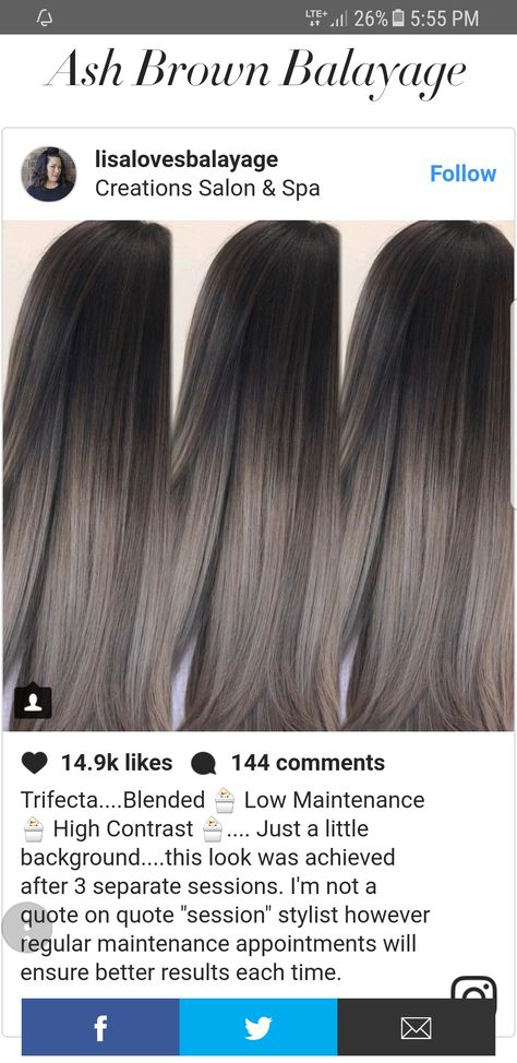 Ash brown balayage Dark To Ash Brown Balayage, Ash Brown Hair With Dark Roots, Brunettes With Ash Highlights, Misty Ash Hair Color, Balayage Dark Ash Brown, Ash Brown Hair Dark Roots, Ash Brown Balayage Ombre, Brown Hair With Contrast, Ashy Brown Hair Balayage Medium Length