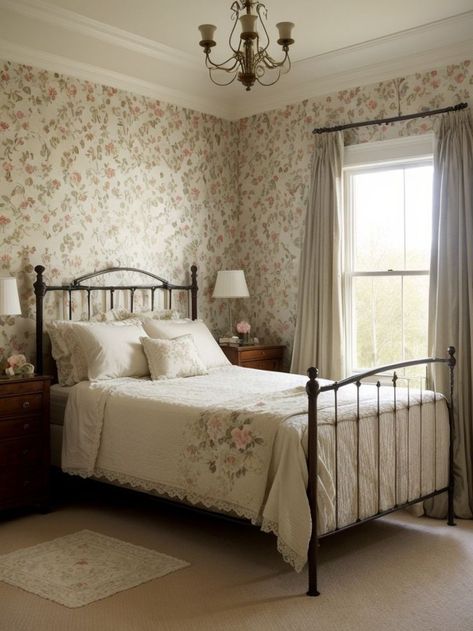 Wrought Iron Beds Farmhouse, Flower Wallpaper Bedroom Vintage Floral, Teenage Vintage Bedroom, Dainty Wallpaper Bedroom, Vintage Style Bed Frame, Cottage Bedframes, Vintage Wallpaper Bedroom Ideas, Aesthetic Victorian Bedroom, Vinatge Bed