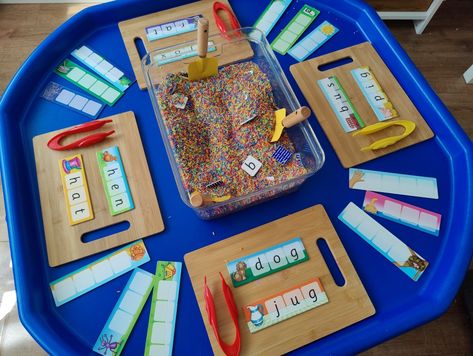 Literacy Table Top Activities, Writing Tuff Tray, Year 1 English Activities, Phonics Stations, Phase 5 Phonics, Phonics Display, Ece Activities, Spelling Cvc Words, Activity Based Learning