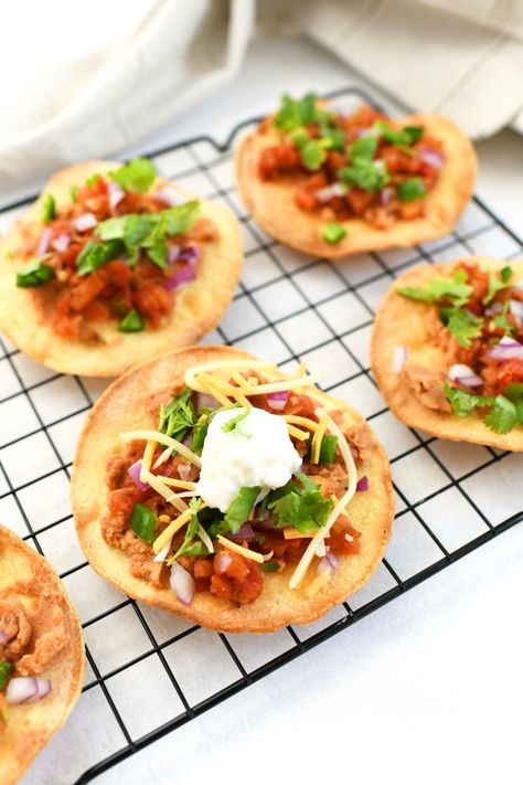 Tostadas With Flour Tortillas, Small Flour Tortilla Ideas, Flour Tortilla Tostadas, Baked Flour Tortillas In Oven, Refried Bean Tostadas, Small Flour Tortillas Recipes, Small Tortillas Recipes, Bean Tostada Recipes, Corn Tortilla Recipes Dinners