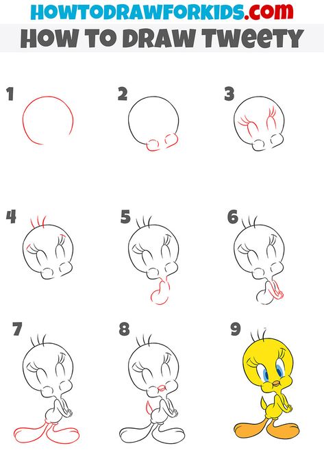 how to draw Tweety step by step Tweety Bird Drawing Easy, Tweety Drawing Easy, How To Draw Tweety Bird Step By Step, Cartoon Drawings Disney Step By Step, How To Draw Tweety Bird, Cute Cartoon Drawings Step By Step, How To Draw Cartoon Step By Step, How To Draw Eeyore Step By Step, How To Draw Bugs Bunny Step By Step