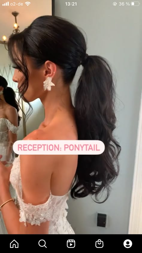 Effortless Sophistication: Wedding Ponytail Hairstyles with Bangs Hairstyles For Long Hair Backless Dress, Wedding Reception Ponytail, Wedding High Ponytail Hairstyles With Veil, Mid Ponytail Hairstyles Wedding, Black Tie Ball Hairstyles, Bridal Ponytail Hairstyles Front View, Brunette Wedding Ponytail, Prom Hairstyles Pony, Bride Ponytail Hairstyles Brunette