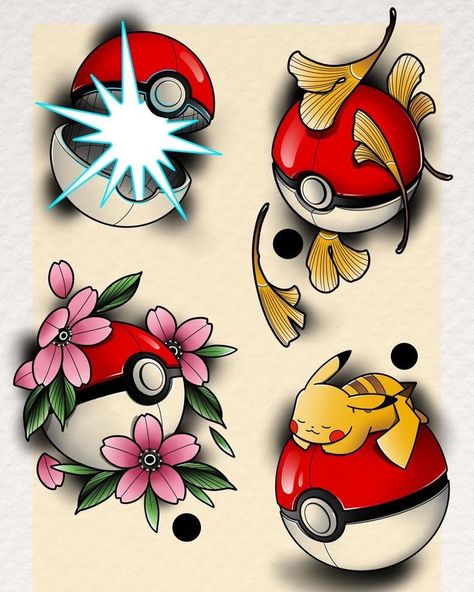 Pokémon Flash Tattoo, Pokeball Drawing, Traditional Pokemon Tattoo, Anime Tattoo Flash, Nerd Tattoo Ideas, Pokémon Flash, Pokemon Flash Tattoo, Pokeball Tattoo, Anime Flash Tattoo