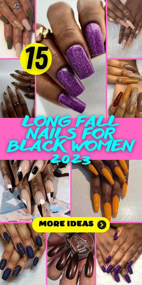 Explore the world of long fall nails for black women in 2023 and unleash your creativity! These French tip acrylic designs are the epitome of elegance. From delicate and minimalist styles to bold and intricate patterns with rhinestones, there's something for everyone. Experiment with square or almond-shaped nails to find your perfect match. Whether you're looking for a sophisticated everyday look or a glamorous statement, these nail ideas will inspire you to express your unique style. October Nails Designs, Fall Nail Designs Acrylic Square, Three Color Nails, Nail Ideas For Black Women, Long Fall Nails, Nails For Black Women, Autumn Deep, Olive Nails, Plum Nails