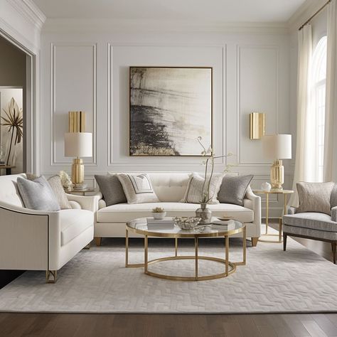 White home furniture in this living room reflects a harmonious blend of modern and classical. Classic Interior Design Living Room, Modern Classic Living Room, Neoclassical Interior, Classic Living Room, Inspire Me Home Decor, Living Room Design Decor, White Living Room, Living Room White, Living Room Inspo