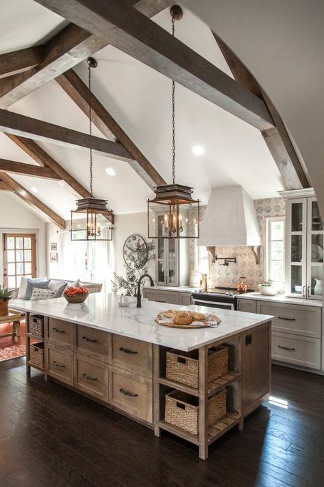 Kitchens By Joanna Gaines, Modern Spanish Kitchen, French Country Kitchen Cabinets, Country Kitchen Cabinets, Farmhouse Kitchen Cabinets, Farmhouse Kitchen Design, French Country Kitchen, Kitchen Cabinet Colors, Wooden Beams