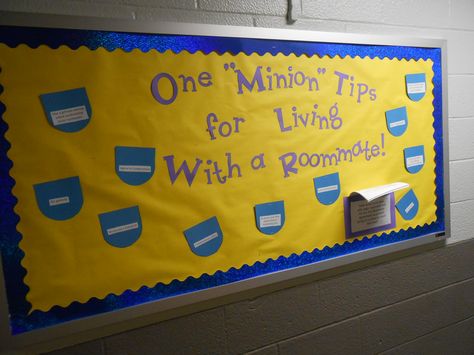 RA Bulletin Board Living With a Roommate Despicable Me Theme- I love it with little minion door decs Nickelodeon Bulletin Board, Minion Bulletin Board, Minion Door, Ra College, Resident Assistant Door Decs, Rez Life, Ra Inspiration, Resident Assistant Bulletin Boards, College Bulletin Boards