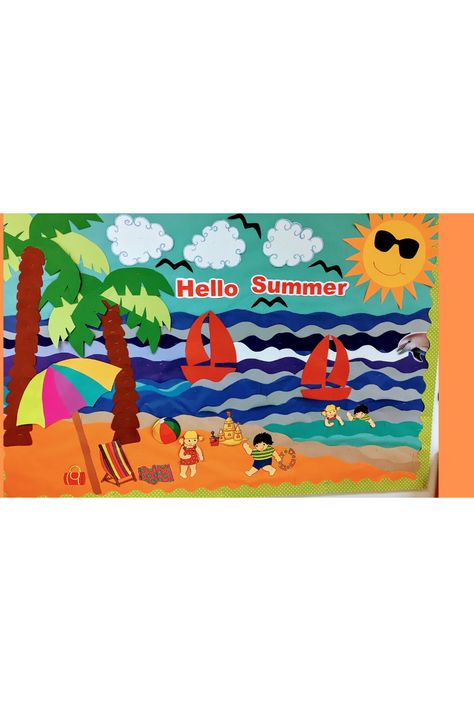 Summer Season Classroom Decoration, Summer Season Crafts For Kids, Summer Camp Bulletin Board Ideas, Summer Bulletin Boards For School, Beach Bulletin Boards, Decorate A Classroom, Summer Boards, Christmas Crafts Sewing, Summer Room Decor