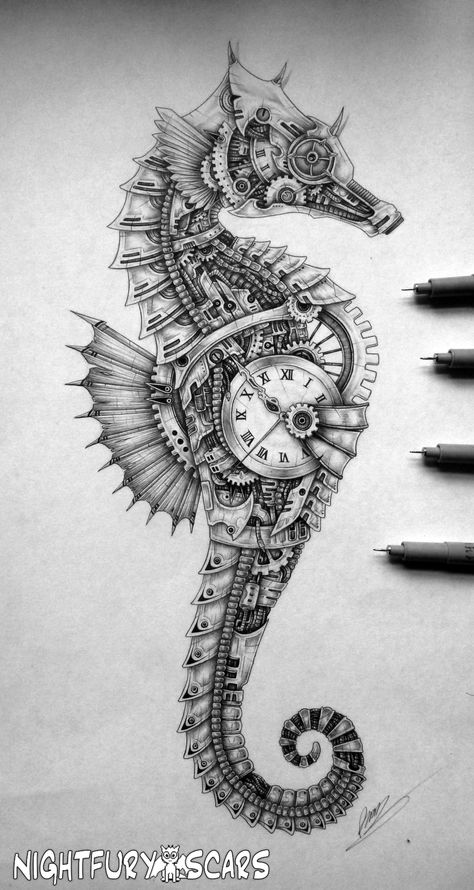 Steampunk Art Drawing, Seahorse Drawing, Steampunk Drawing, Anniversary Tattoo, Steampunk Tattoo, Steampunk Animals, Octopus Tattoo Design, Steampunk Mixed Media, Seahorse Art