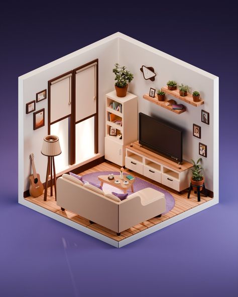 Isometric Room 3d, Isometric Living Room, Diorama House, Isometric Rooms, Isometric Room, Grease Pencil, Sims 4 House Design, Miniature Rooms, Web Project