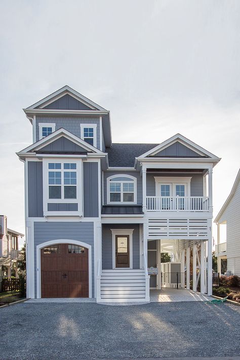 Beach House Style Exterior, Navy Beach House Exterior, Coastal Apartment Exterior, Two Tone Beach House Exterior, Beach House Design Exterior, Costal Home Exterior Designs, Suburban Beach House Exterior, Suburban Beach House, Blue Beach House Exterior