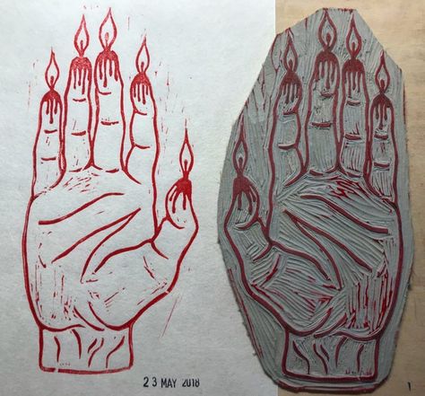 Hand of Glory: printmaking Hand Of Glory Tattoo, Hand Of Glory, Glory Tattoo, Art Zine, Relief Printing, Woodcuts Prints, Dark Tattoo, Local Art, Favorite Hobby