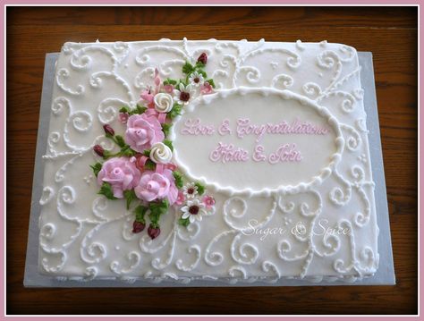 Scroll Engagement Cake | by cakencookiebakr Sheet Cakes Decorated, Wedding Sheet Cakes, Half Sheet Cake, Wedding Shower Cakes, Sheet Cake Designs, Fondant Cake Designs, Birthday Sheet Cakes, Creative Cake Decorating, Cake Decorating Frosting