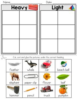 Sort objects by their weight. Great for kindergarteners! #STEM #Kindergarten Heavy And Light Worksheet, Measurement Kindergarten, Measurement Activities, Cut And Paste Worksheets, Math Measurement, Shapes Preschool, English Worksheets For Kids, Heavy And Light, Kids Math Worksheets