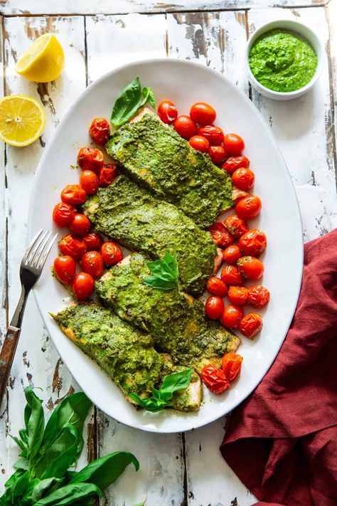 Pesto Baked Salmon {Paleo, Whole30, Keto} Pesto Baked Salmon, Paleo Pesto, Pesto Salmon, Autoimmune Paleo Recipes, Simple Green Salad, Whole30 Keto, How To Make Pesto, Autoimmune Paleo, Baked Salmon