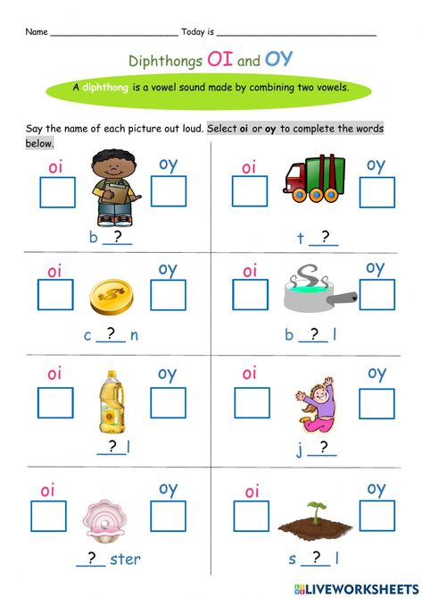 Diphthongs online worksheet for 2. You can do the exercises online or download the worksheet as pdf. Oi Words Worksheet, Diphthongs Oi And Oy Worksheet, Oy Oi Activities, Oi Oy Worksheets, Oi Worksheets, Dipthongs Worksheets, Oy Worksheets, Diphthongs Worksheets, Oi Oy