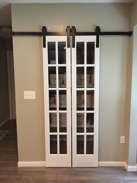 Sliding Pantry Door, Pantry Curtain, Doors For Small Spaces, Sliding Pantry Doors, Pantry Room, House Shutters, Pantry Remodel, Large Door, Sliding Door Design