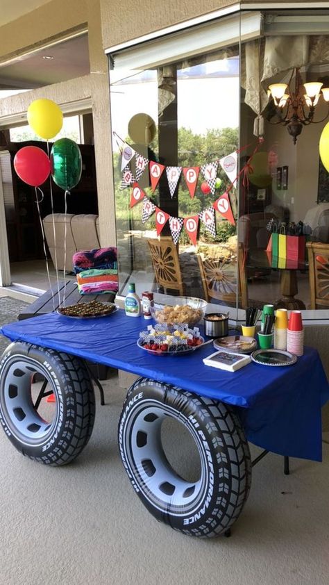 Off Roading Party Ideas, Monster Truck Ideas For Party, Mechanic Decorations Party, 4 Wheeling Birthday Party, Trucks And Tiaras Birthday Party Ideas, Monster Truck Birthday Party Centerpiece, Tire Birthday Party Ideas, Jeep Party Ideas Birthdays, Pick Up Truck Birthday Party