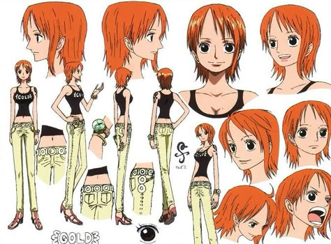 Name From One Piece, One Piece Reference Sheet, One Piece Characters Design, One Piece Reference Drawing, Nami Outfits Style One Piece, Nami References, One Piece Character Sheet, Nami Reference, Nami Official Art