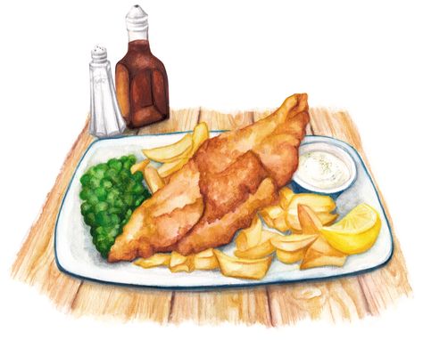 Food Illustration - Fish & Chips on Behance Watercolour Food, Watercolor Food Illustration, Food Sketch, Watercolor Food, Food Illustration, Camping Food, Food Drawing, Fish And Chips, Instagram Food