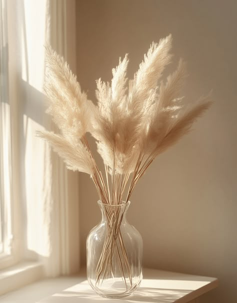 Transform your home with the effortless elegance of pampas grass in a glass vase! 🤍 Perfect for rustic or boho-inspired interiors, this natural decor adds warmth and texture to your living room, dining space, or bedroom. The clear glass vase complements the soft, feathery pampas, creating a timeless look that fits seamlessly into any room. Style it as a centerpiece or accent piece to bring cozy, nature-inspired charm into your home! 🍂✨ #PampasDecor #GlassVaseStyle #RusticHome #CozyLiving #NaturalElegance Vase And Pampas, Pampas Grass Styling, Pampas Vase Decor, Pampas Aesthetic, Pampas Grass In Vase, New Place Aesthetic, Bare Wall Ideas, White Pampas Grass Decor, Pampas Grass Wall Decor