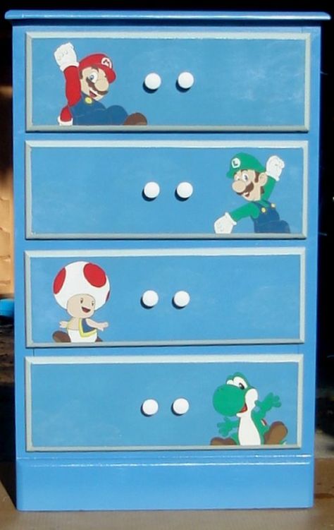 Mario dresser by freakazoid Mario Dresser, Mario Ideas, Mario Bedroom, Gamer Ideas, Drawer Ideas, Mario Room, Restaurant Design Inspiration, Owl Rocks, Arcade Room