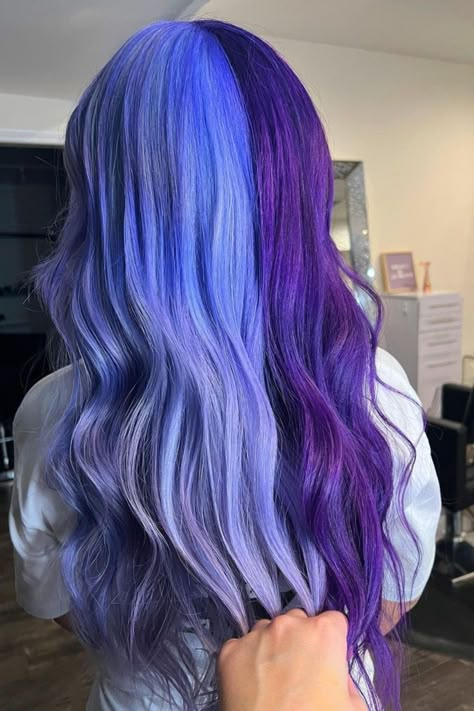 #splitdye #purplehair #trendysplitdye #colorcombination #hairtransformation #hairinspo #purplehairdye Purple Split Dye, Angel Colors, Mundane Halloween, Split Dye Hair Ideas, Dye Hair Ideas, Periwinkle Hair, Split Dye Hair, Fox Hair Color, Half And Half Hair