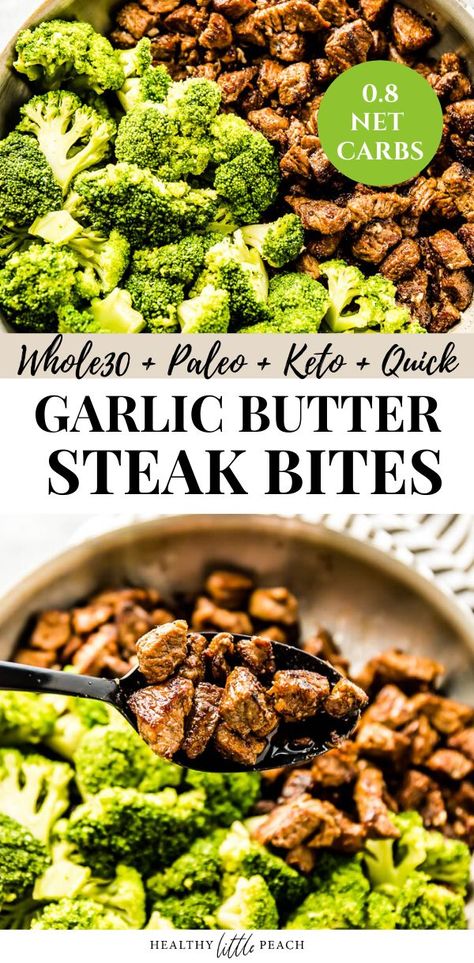 These juicy Garlic Butter Steak Bites are seared to perfections and covered with ghee, minced garlic and salt/pepper. If you are looking for the perfect Whole30, Paleo and Keto lunch or dinner, look no further. Simply serve with your favorite steamed or roasted veggie and you have yourself a complete meal. Healthy Garlic Steak Bites, Keto Garlic Steak Bites, Steak Bites And Veggies, Steak And Veggies Dinner, Keto Garlic Butter Steak Bites, Steak Bites Keto, Keto Steak Bites, Peach Healthy, Garlic Butter Steak Bites