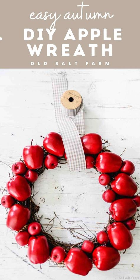 A simple DIY Apple Wreath that's easy to make, uses just a few supplies, and is perfect for autumn! Add to your fall decor, fall porch, or fall mantel. Step-by-step tutorial included. Apple Wreath Diy, Fall Decor On A Budget, Farmhouse Diy Projects, Apple Wreath, Diy Apple, Fall Porch Decor, Easy Fall Decor, Easy Diy Decor, Diy Farmhouse Table