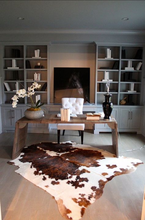 Masculine Home Office Idea                                                                                                                                                      More Masculine Home Offices, Masculine Home Office Ideas, Masculine Home Office, Corporate Office Design, Interior Design Per La Casa, Contemporary Home Office, Hide Rug, Cowhide Rug, Modern Home Office