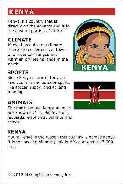 MakingFriends Facts about Kenya Printable Thinking Day fact card for our passports. Perfect if you chose Kenya for your Girl Scout Thinking Day or International Night celebration. Facts About Countries, Facts About Africa, Country Study, Kenya Flag, Around The World Theme, Country Studies, Teaching Geography, Homeschool Geography, Country Facts