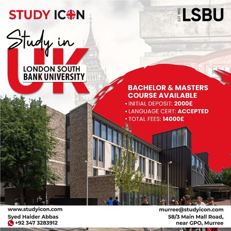 🎓 Exciting News for Future Scholars! 🎓 London South Bank University offering September 2024 intake with a lowered initial deposit of £2000 GBP! Secure your scholarship by accepting the offer within 4 weeks and kickstart your academic journey. Remember, 50% of the tuition fee is due before receiving your CAS. Contact Syed Haider Abbas at Study Icon Murree for more details: 0347-3283912. #LSBU #SeptemberIntake #ScholarshipOpportunity 📚🌟 Study Icon, London South Bank University, Study In Uk, Uk Universities, Tuition Fees, South Bank, Educational Consultant, September 2024, April 20