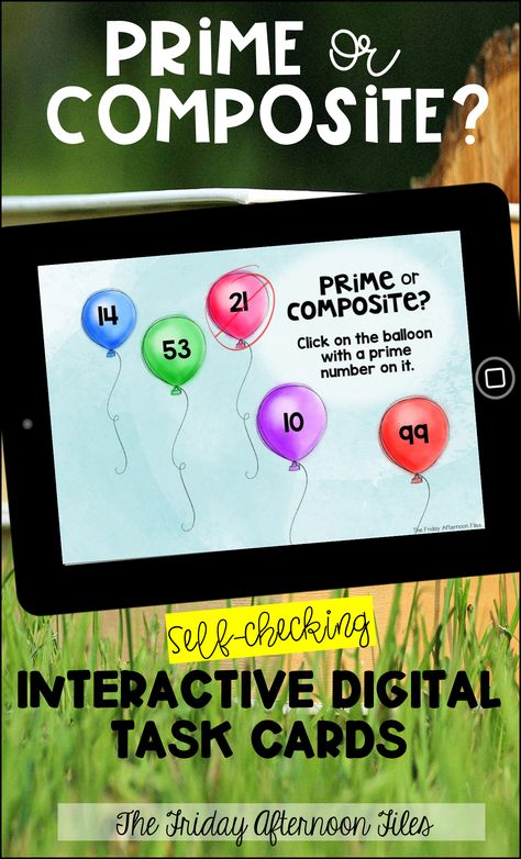 Looking for a fun way to review the concept of prime and composite numbers with your students? This deck of 23 balloon-themed digital task cards gives students extra practice identifying prime and composite numbers (from 1 to 100) in an engaging way. #primenumbers #compositenumbers #primeandcompositenumbers #determiningprimenumber Learning about Prime Numbers / Prime & Composite Numbers Prime Or Composite, Prime Composite, Prime And Composite Numbers, Composite Numbers, Prime And Composite, Prime Numbers, 1 To 100, Group Of Five, 4th Grade Math