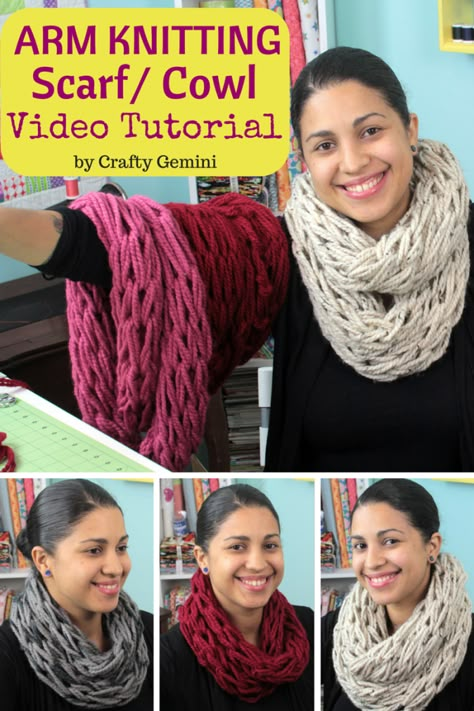 Arm Scarf, Arm Knitting Tutorial, Diy Infinity Scarf, Arm Knitting Scarf, Arm Crocheting, Crafty Gemini, Arm Knit, Infinity Scarfs, Finger Crochet