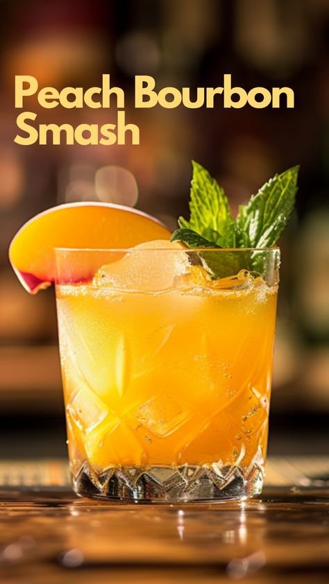 Bourbon Peach Smash Cocktail, Peach Smash Cocktail, Bourbon Peach Smash, Smash Cocktails, Bourbon Smash Cocktail, Bourbon Drinks Recipes, Peach Bourbon, Liquid Therapy, Peach Whiskey