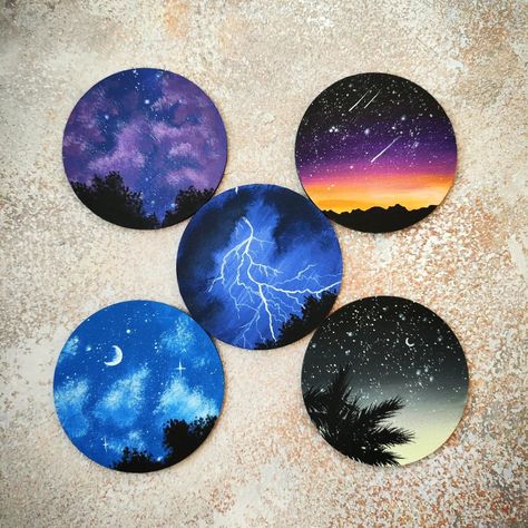 Night sky 🌌 round canvas series ✨ What's your favourite? 💖 Subscribe for more aesthetic art 💗 . #painting #acrylicpainting #acrylicart #gouache #gouachepainting #nightskypainting #landscapepainting #landscapeart #nightsky #artlovers Cute Paintings On Circle Canvas, Banana Man, Circle Canvas, Night Sky Painting, Circle Painting, Makeover Bedroom, Round Canvas, Galaxy Painting, Cute Paintings