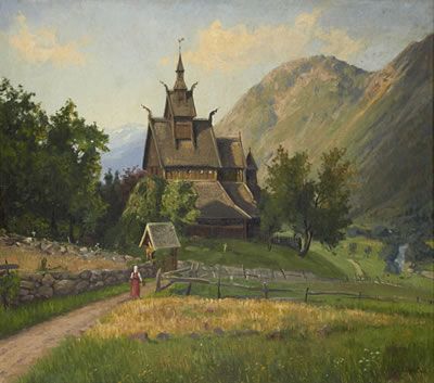 Stave Church by Hans Andreas Dahl Kristin Lavransdatter, Norwegian Painting, Hans Dahl, Norwegian Girl, Nordic Painting, Stave Church, Church Painting, Magic Land, Girl Walking