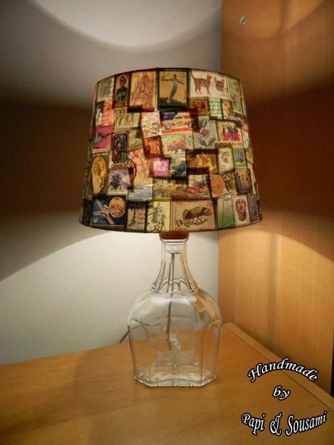 Lamp Shade Aesthetic, Crafts On A Budget, Unique Bedroom Lighting, Collage Lampshade, Aesthetic Lamp Shade, Stamp Lamp, Stamp Aesthetic, Upcycled Lampshade, Diy Retro Decor