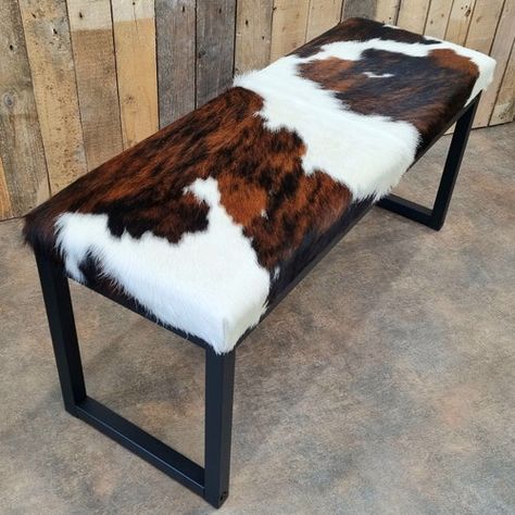 Cowhide Bench / Cowhide Ottoman With Steel Frame and Genuine - Etsy Western Chair, Cowhide Upholstery, Modern Dining Bench, Cowhide Bench, Cowhide Ottoman, Steel Bench, Entry Bench, Black Steel Frame, Dining Nook