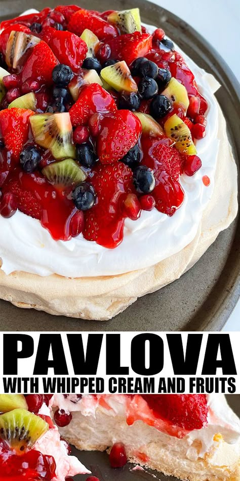 EASY PAVLOVA RECIPE- Learn how to make homemade meringue pavlova from scratch with simple ingredients. It will always be light and airy on the inside and crispy on the outside. From CakeWhiz.com Easy Pavlova, Homemade Meringue, Pavlova Cake, Meringue Pavlova, Pavlova Recipe, Berries Recipes, Delicious Cake Recipes, Recipe From Scratch, Best Dessert Recipes