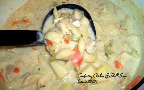 Comforting Chicken & Shell Soup Egg Soup, Carrots Celery, Bay Leaf, Chicken Eggs, Creamy Chicken, Chicken Soup, Chicken Stock, Dutch Oven, Cheeseburger Chowder