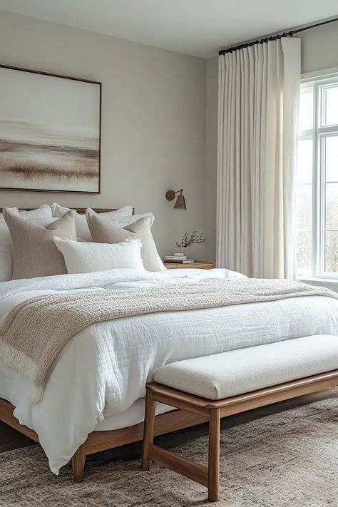 29 Vintage Modern Bedroom Ideas For A Fresh Take On Classic Design - Courtneys World Beachy Neutral Bedroom, Organic Modern Bedroom Wood Bed, Modern Bedroom With Antique Furniture, Classic King Bed, Beach Modern Bedroom, California Casual Bedroom Ideas, Vintage Scandinavian Bedroom, Timeless Bed Frame, Master Bedrooms Mid Century Modern