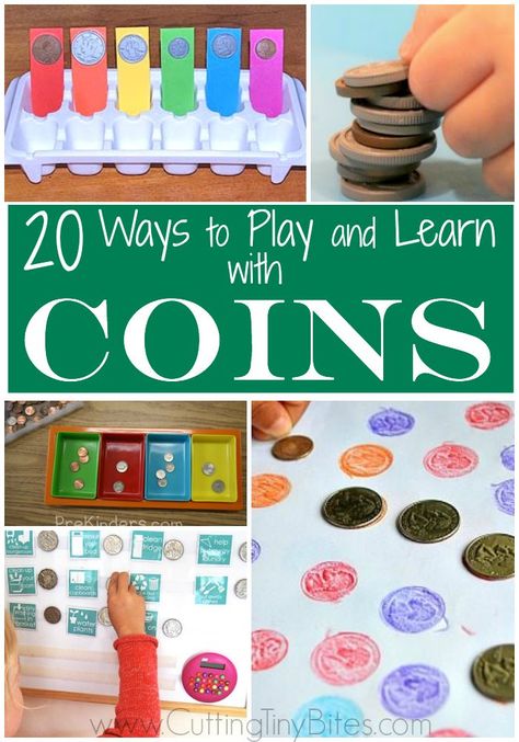 20 Easy Math Activities Using Coins for Preschoolers and Kindergarteners Coin Activities Preschool, Coin Counting Activities, Kindergarten Money, Build A Bug, Money Kindergarten, Easy Math Activities, Invitation To Create, Tiny Bites, Learning Money