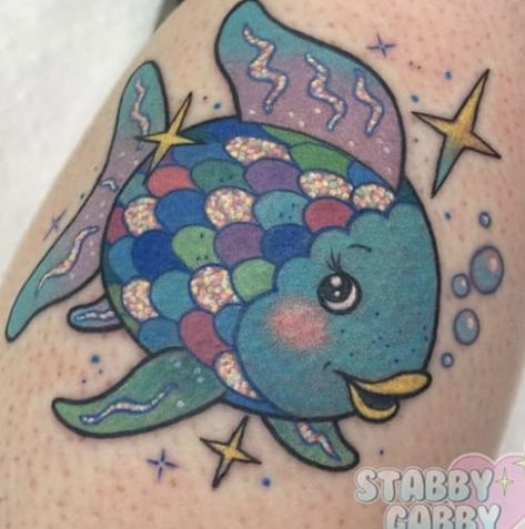 Rainbow Fish Tattoo, Rainbow Fish Book, 90s Tattoos, Round Of Applause, Kawaii Tattoo, Fish Tattoo, Rainbow Fish, Sleeves Ideas, Book Tattoo