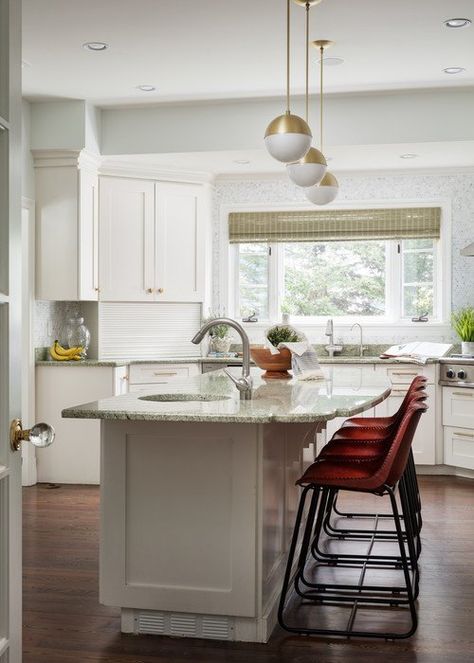 Horseshoe Beach House with Eclectic Style | Town & Country Living Horseshoe Kitchen, Green Kitchen Wallpaper, Ideas For Small Kitchens, Beige Kitchen Cabinets, Small Kitchen Appliance Storage, 10x10 Kitchen, Kitchen Long, Kitchen Remodeling Ideas, Beautiful Beach Houses