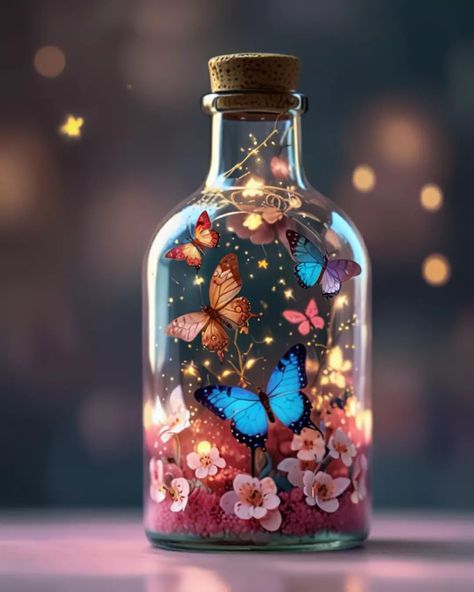 #magical glowing bottles with butterflies #butterflies #butterfly #bottle #magic #glowing Glow Bottle, Exotic Fish, Wallpapers Backgrounds, Pretty Wallpapers Backgrounds, Everything Pink, Bottle Art, Pretty Wallpapers, Wallpaper Backgrounds, Butterflies