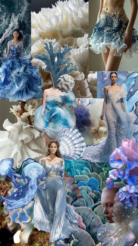 Jellyfish Dress Fashion, Fashion Moodboard Layout, Textiles Final Piece, Ocean Inspired Fashion, Underwater Costume, Ocean Fashion Design, Textile Design Sketchbook, Sea Inspired Fashion, Basic Blouse Designs